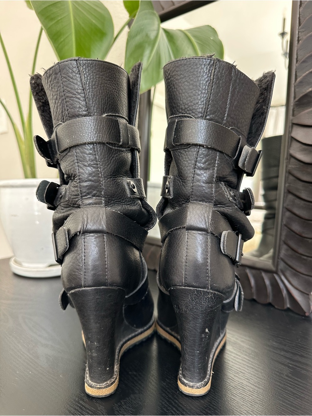 Sam Edelman Black Leather Wedge Heel Buckle Wrap Boots - Picture 3 of 6